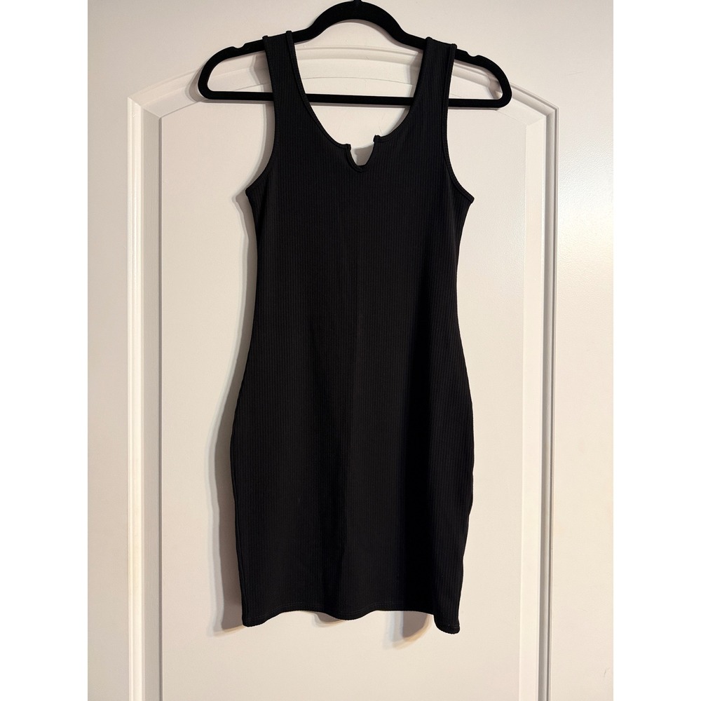 Love Tree Bodycon Dress Small Black Ribbed Notched V-Neck Mini LBD Edgy Grunge